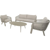 Beige loungeset: 2-zitsbank, 2 vlechtstoelen en ronde bijzettafel