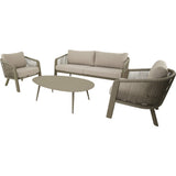 Beige loungeset met 2-zitsbank, 2 vlechtstoelen en ronde bijzettafel