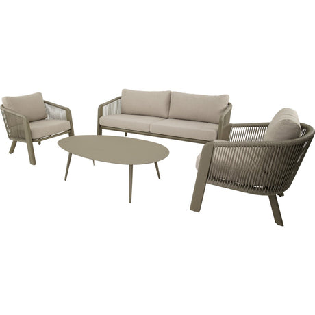 Beige loungeset met 2-zitsbank, 2 vlechtstoelen en ronde bijzettafel