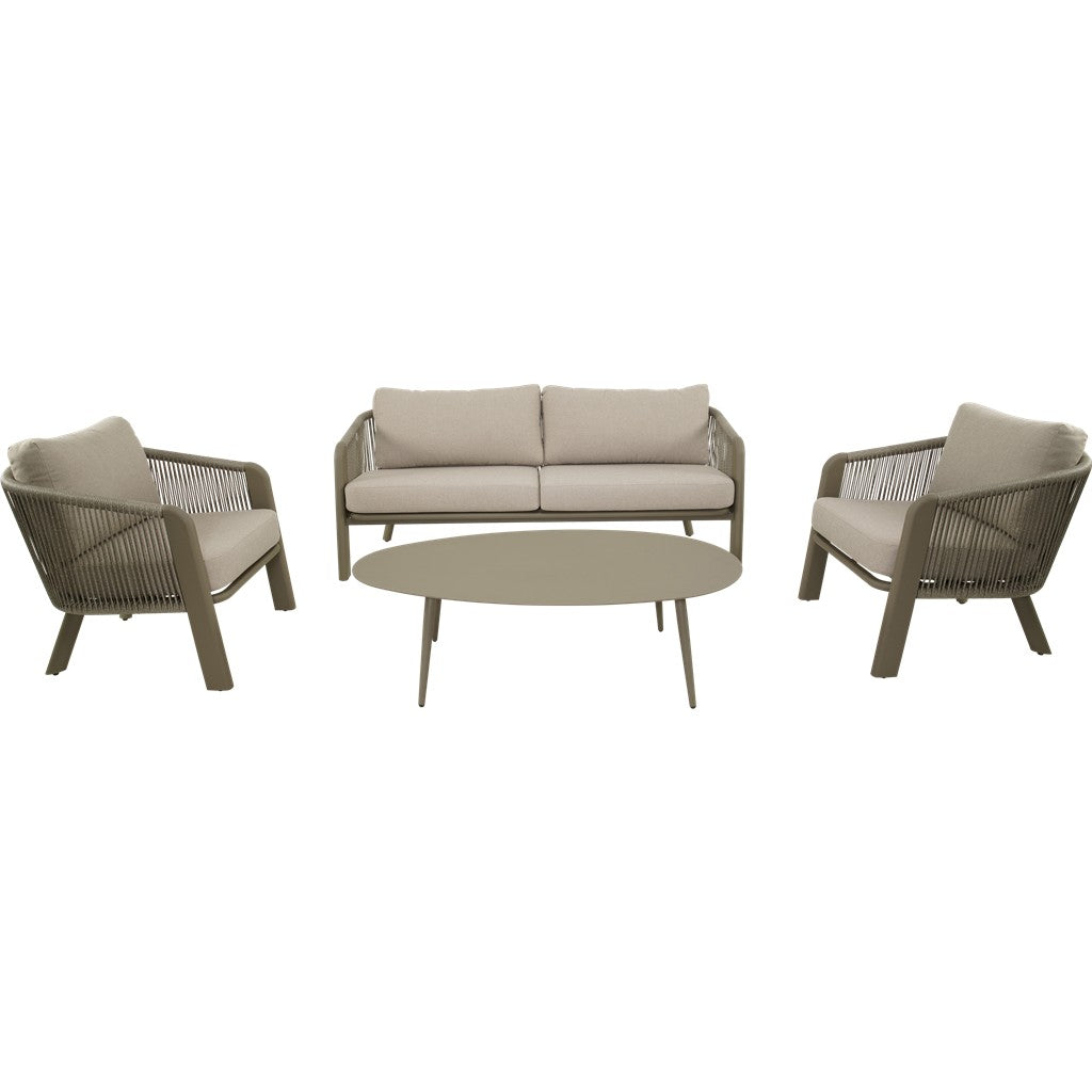 Loungeset met 2-zitsbank, 2 fauteuils en ronde bijzettafel, beige kussens