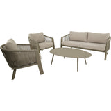 Loungeset met ronde tafel, 2 fauteuils en 2-zitsbank, beige kussens, grijze vlecht