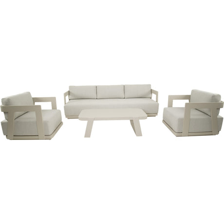 Fauteuils en 3-zitsbank met lichtbeige kussens en witte frames, incl. tafel