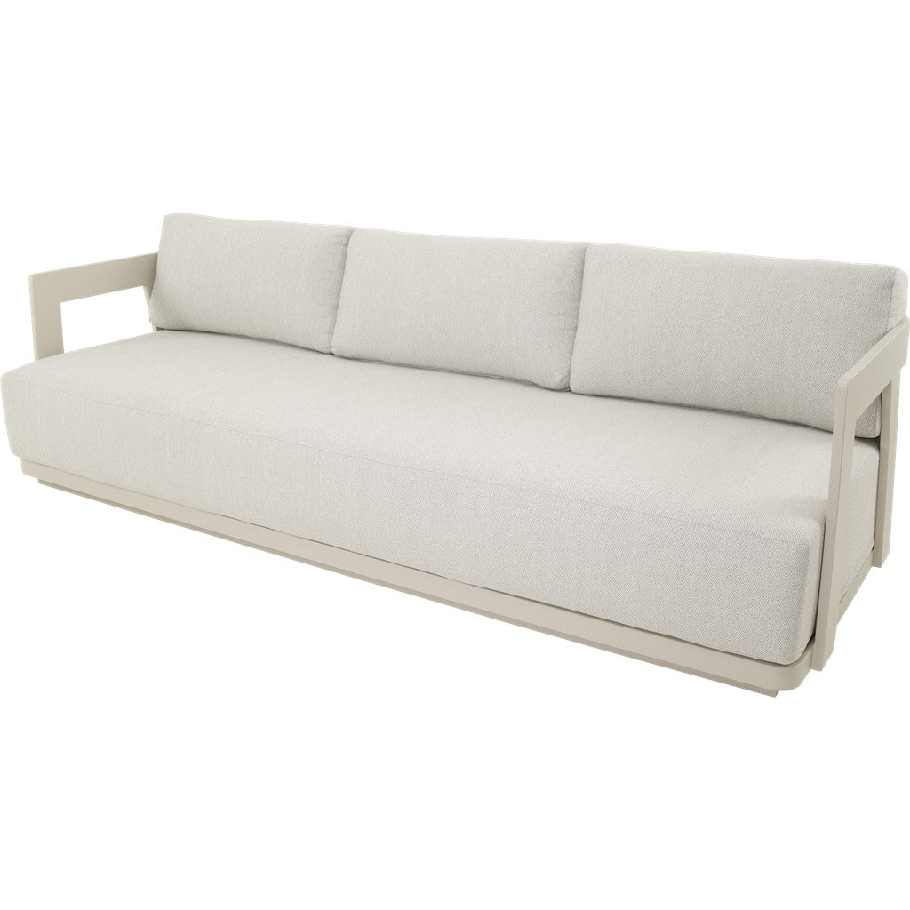 Loungebank met lichtgrijze bekleding en drie rugkussens, lichtbeige frame