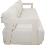 Loungefauteuil met lichtgrijze bekleding en twee rugkussens, lichtbeige armframe