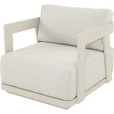 Fauteuil met lichtbeige bekleding en witte armleuningen, hoekige framebasis