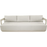 3-zitsbank met lichtbeige bekleding en witte zijframes, lage rugkussens