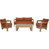 Loungeset met 2 fauteuils, bank en lage salontafel met terracotta kussens en beige houten frames