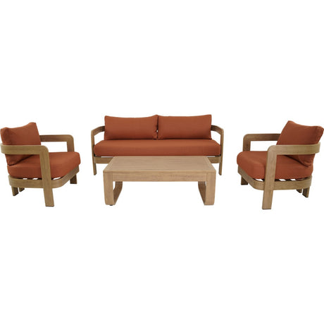 Loungeset met 2 fauteuils, bank en lage salontafel met terracotta kussens en beige houten frames