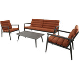 Loungeset met 2 fauteuils, 3-zitsbank en rechthoekige salontafel, terracotta kussens.