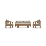 Complete loungeset met bank, twee fauteuils en salontafel, naturel hout en beige bekleding