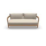 Tweezits loungesetbank met twee rugkussens, beige stof en licht houten frame