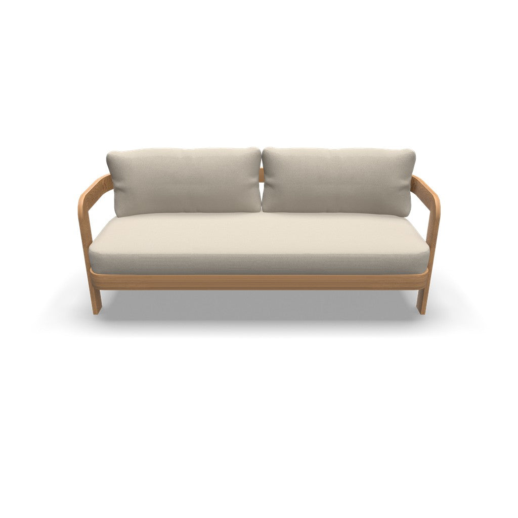 Tweezits loungesetbank met twee rugkussens, beige stof en licht houten frame