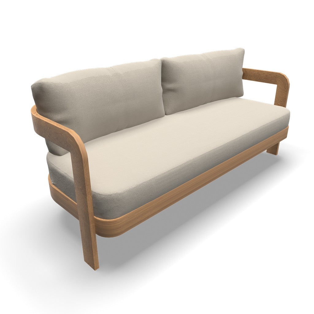 Loungeset bank met beige bekleding, twee rugkussens en licht houten armleuningen