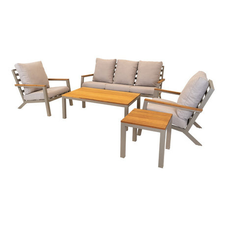 Lesli Living loungeset met beige kussens: bank, 2 stoelen en houten tafels