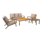 Loungeset met beige kussens: bank en 2 fauteuils met houten bijzet- en salontafel