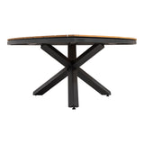 Driehoekige houten tafel met zwart X-onderstel en afgeronde rand