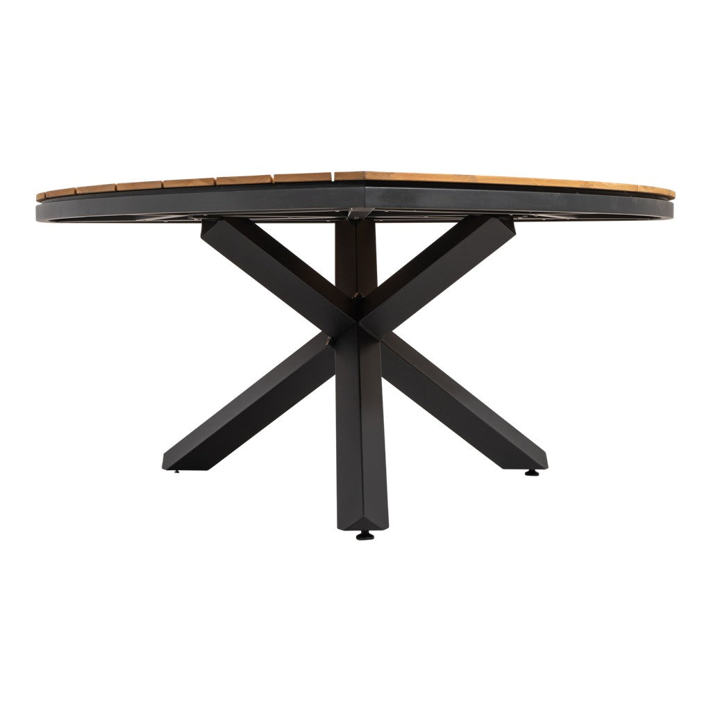 Driehoekige houten tafel met zwart X-onderstel en afgeronde rand
