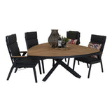 Driehoekige houten eettafel met zwarte onderstel en 4 donkergrijze tuinstoelen