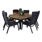 Driehoekige houten tuintafel met zwarte kruispoot en 6 donkergrijze stoelen