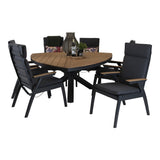Driehoekige houten eettafel met zwart onderstel en 4 donkergrijze stoelen