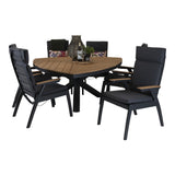 Driehoekige houten tuintafel met zwart onderstel en 4 donkergrijze stoelen