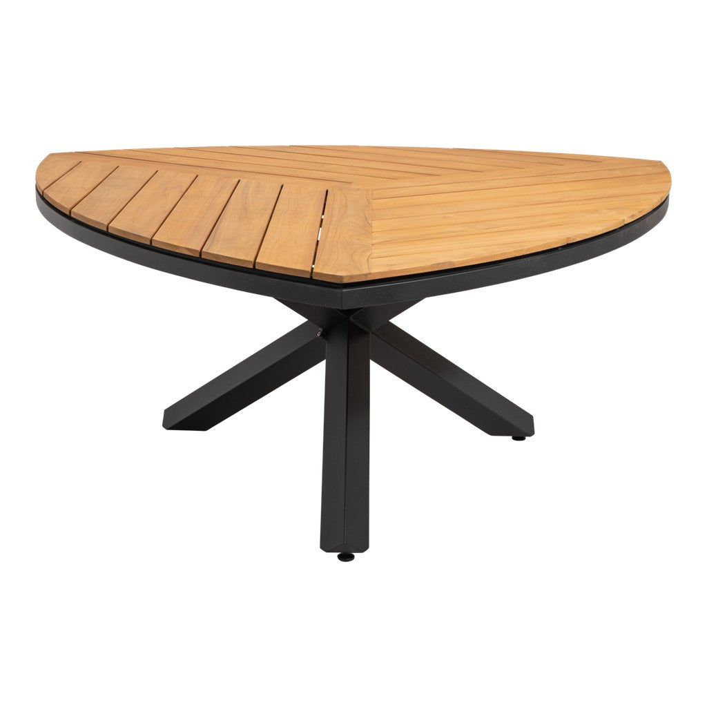 Driehoekige houten tafelblad met zwart centraal onderstel, teakhoutkleurige planken