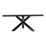 Driehoekige houten tafel met zwart frame en kruispoot; zicht op onderzijde
