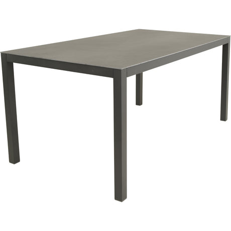 Rechthoekige eettafel met donkergrijs blad en rechte poten, 160x90 cm.