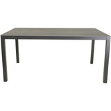 Rechthoekige eettafel met donkergrijs blad en smalle, rechte zijpoot.
