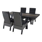 Uittrektafel met vier grijze stoelen, lang tafelblad met beige middenstrook