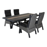 Uittrektafel met vijf grijze diningstoelen, tafelblad met lichtbeige lengtestrook