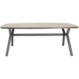 Ovale tafel met langwerpig licht houten blad en donkergrijs metalen poten