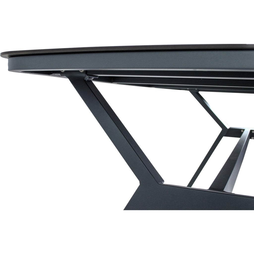 Ovale tafel met donkergrijs metalen frame en verstevigingsbalken onder het blad