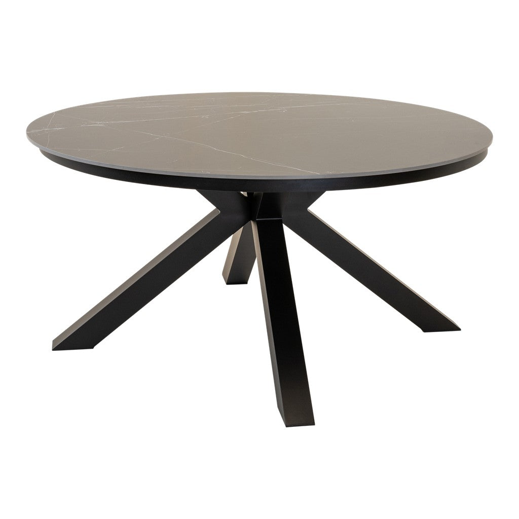 Ronde eettafel met donkergrijs blad en zwart frame met driehoeks-poten