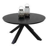 Ronde eettafel met donker geaderd blad en zwarte driepoot onderstel