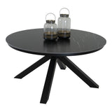 Ronde eettafel donkergrijs blad met fijne aders en zwart onderstel, servies op blad