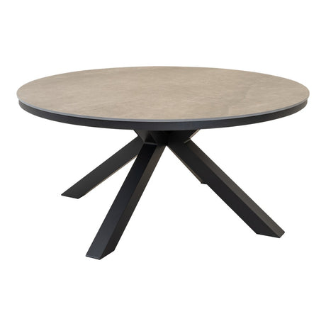 Ronde tafel met grijs betonlook blad en zwarte metalen kruispoten, Ø158 cm