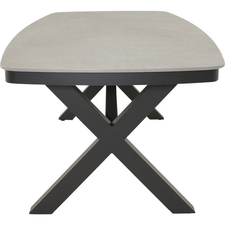 Ovale eettafel met lichtgrijs blad en zwart X-poten, afgeronde rand