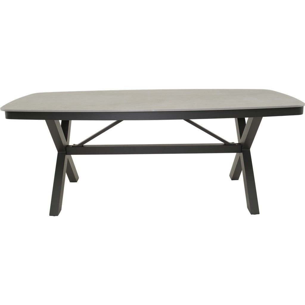 Ovale eettafel met lichtgrijs blad en zwart frame, twee zijpoten