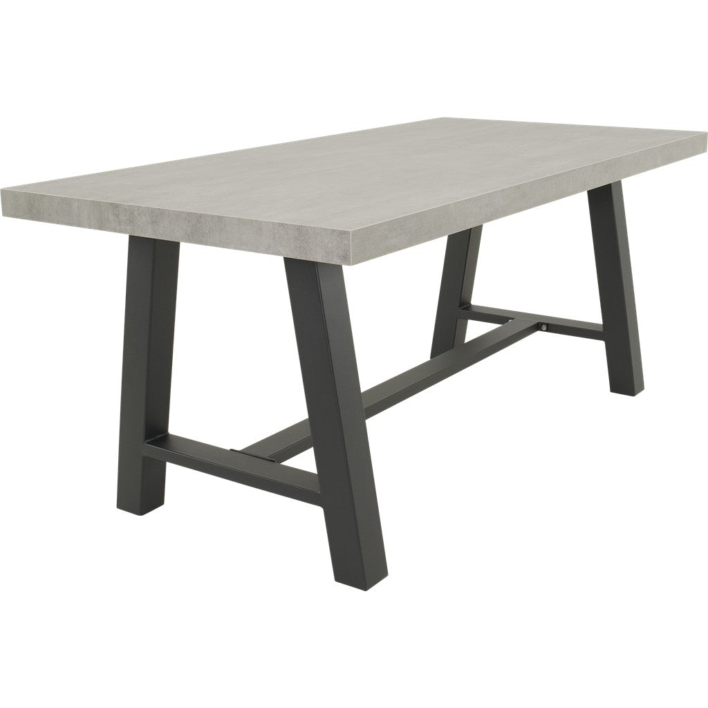 Rechthoekige tafel met lichtgrijs blad en donkergrijze poten, X-onderstel