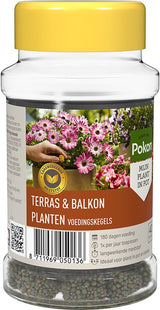 Pokon terras- en balkonplanten voedingskegels, pot met gele dop en voorkantlabel