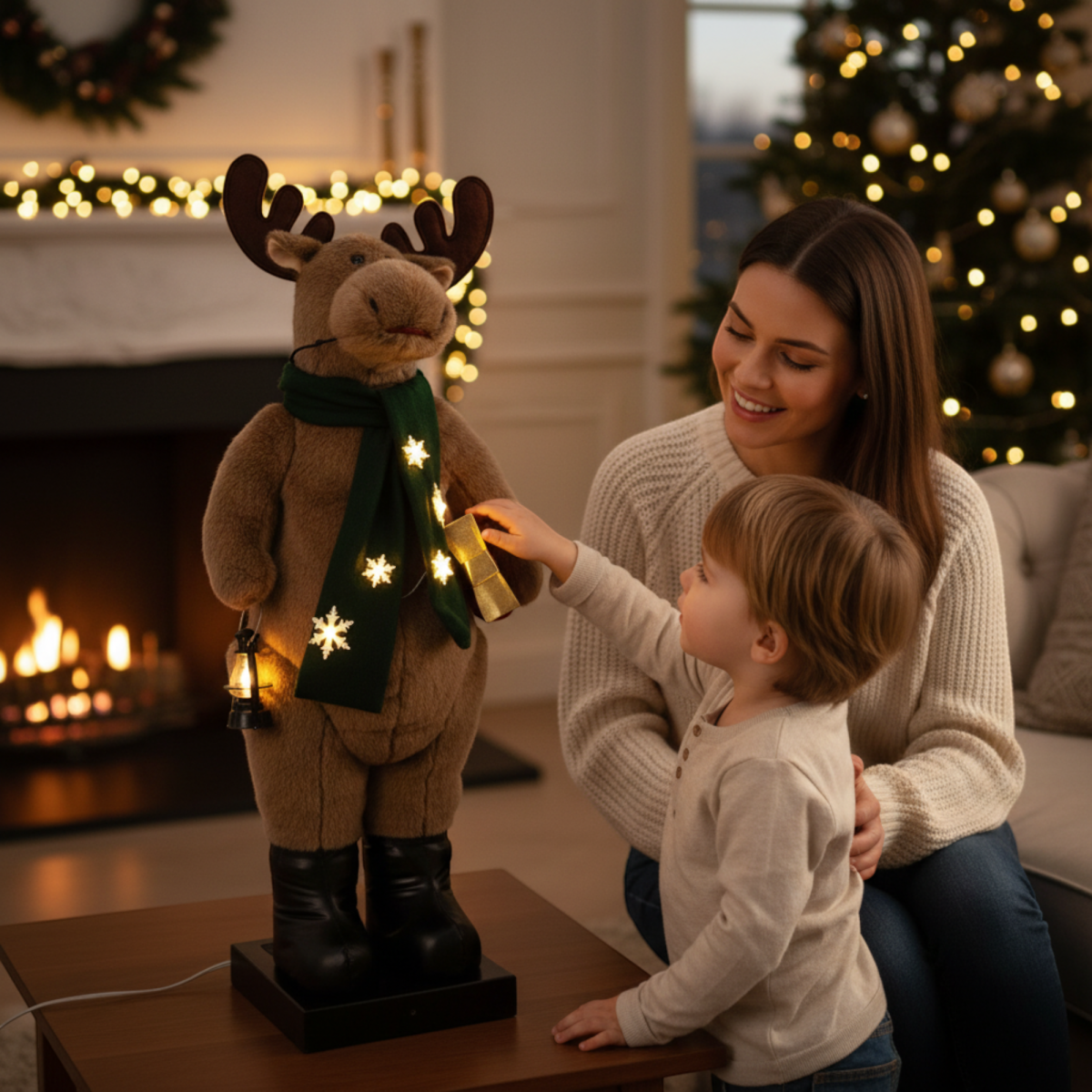 Decoratieve eland op sokkel met knipperende LED-lampjes in de sjaal