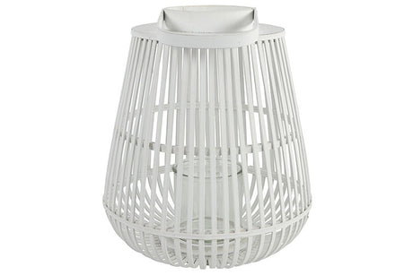 Wit cilindrisch windlicht met verticale spijlen en open bovenkant