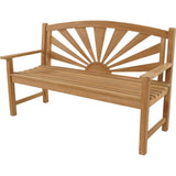 Teakhouten tuinbank met zonnestraal-rugleuning en houten latten op de zitting