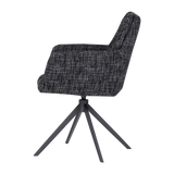 Zwarte eetkamerstoel met hoge rug en armleuningen, gestoffeerd op zwarte poten