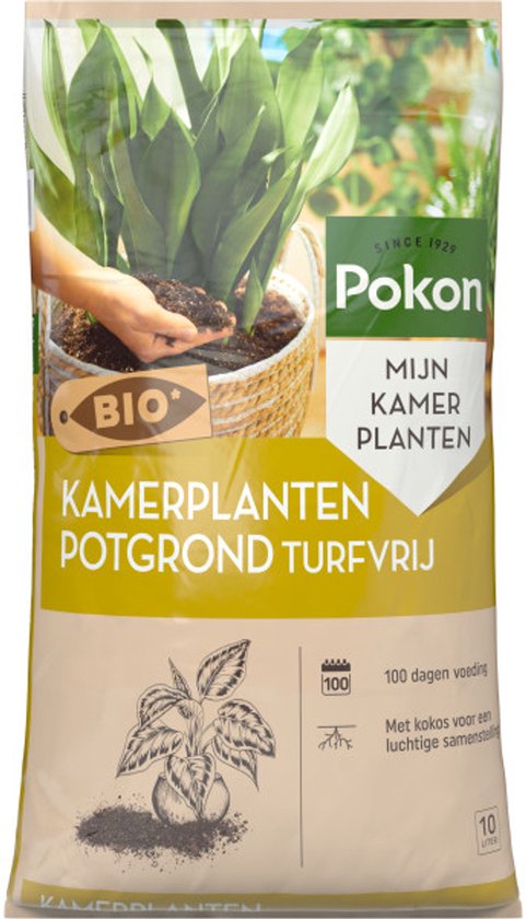 BIO kamerplantenpotgrondzak met Pokon, bedrukte voorkant met plant en tekst