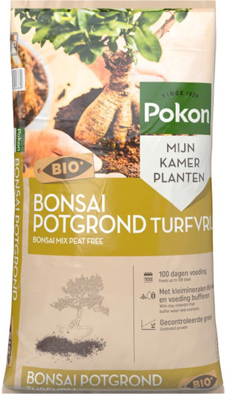 Pokon BIO turfvrije bonsai potgrond in zak, met groene tekst en logo