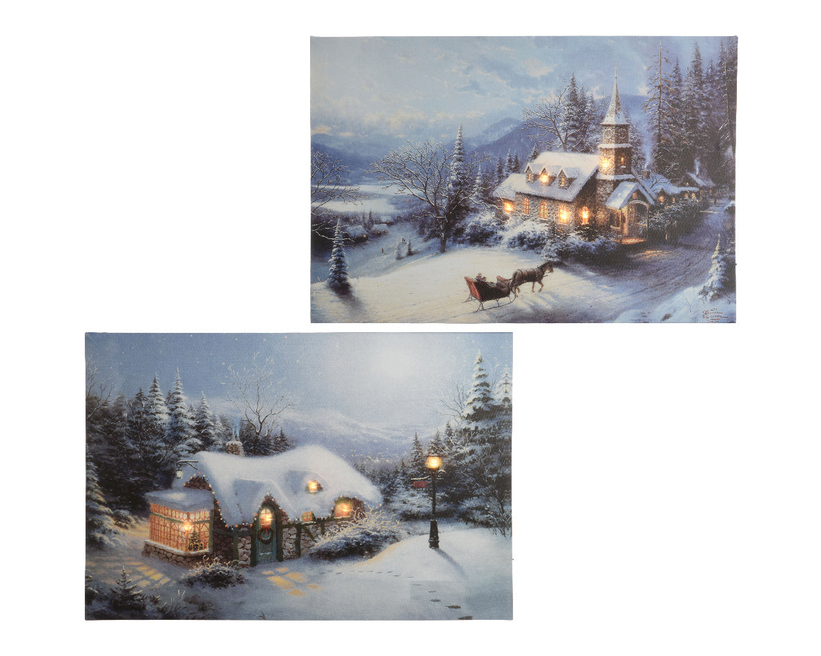 LED canvas met winterlandschap, huisjes met lichtjes en slee in besneeuwd dorp