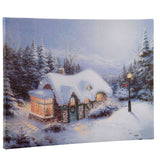 LED canvas met winterhuis met verlichte ramen, toegangshek en straatlantaarn