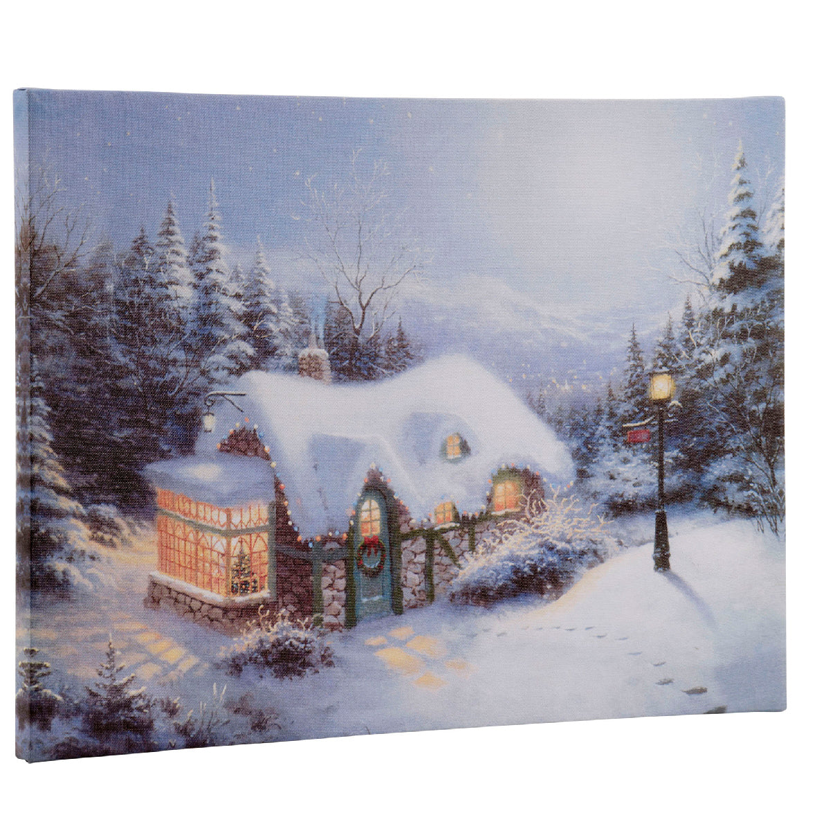 LED canvas met winterhuis met verlichte ramen, toegangshek en straatlantaarn
